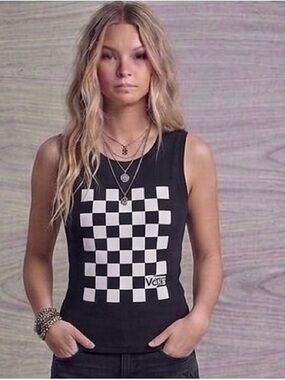 Vans Checkerboard Tank Top Women L Black Graphic Sleeveless Skate Y2K